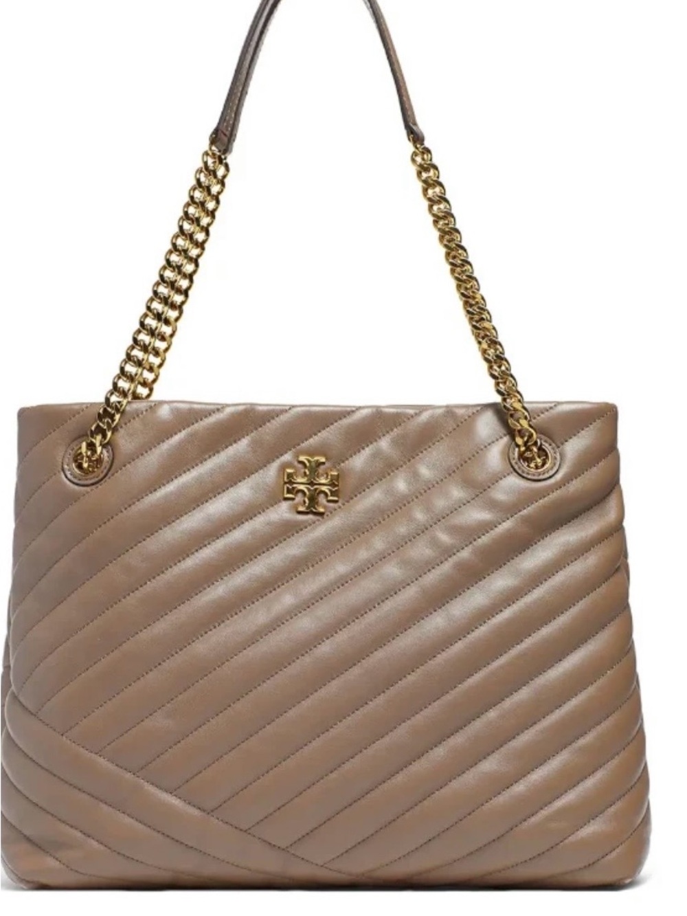 Tory Burch Taupe Quilted Chevron Shoulder Tote with Gold Chain